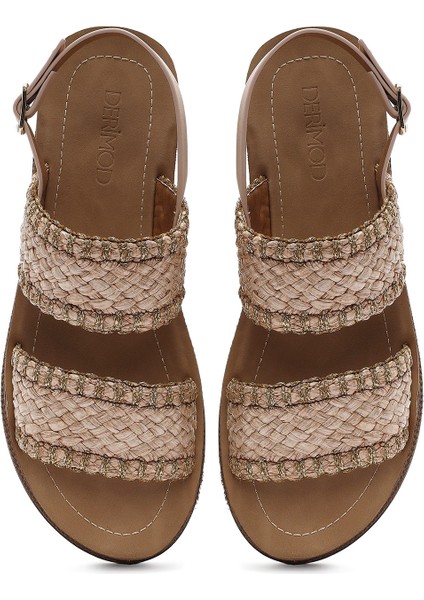 Kadın Bej Bilekten Tokalı Kalın Tabanlı Hasır Sandalet 25SFE4653M7