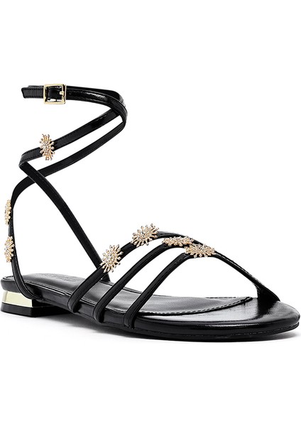 Kadın Siyah Bilekten Tokalı Taşlı Sandalet 25SFE481132