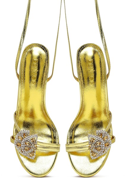 Kadın Sarı Bilekten Tokalı Taşlı Ince Topuklu Sandalet 25SFE481932