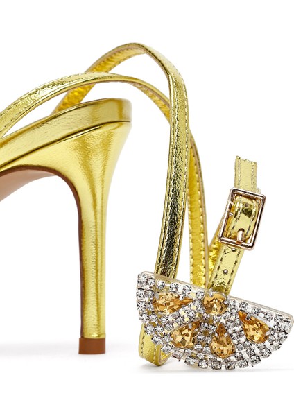 Kadın Sarı Bilekten Tokalı Taşlı Ince Topuklu Sandalet 25SFE481932