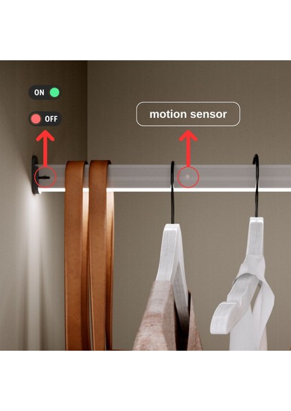 Hareket Sensörlü LED Dolap Içi Işık ve Askı Borusu - 50-60 cm - Dolap Içi Aydınlatma