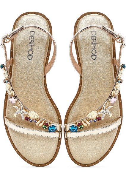 Kadın Altın Bilekten Tokalı Taşlı Sandalet 25SFD441714