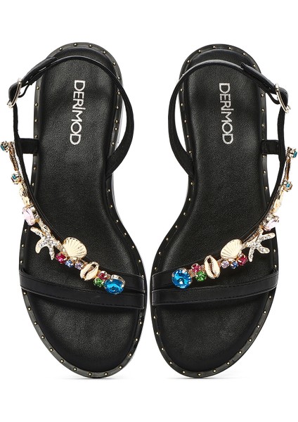 Kadın Siyah Bilekten Tokalı Taşlı Sandalet 25SFD441714
