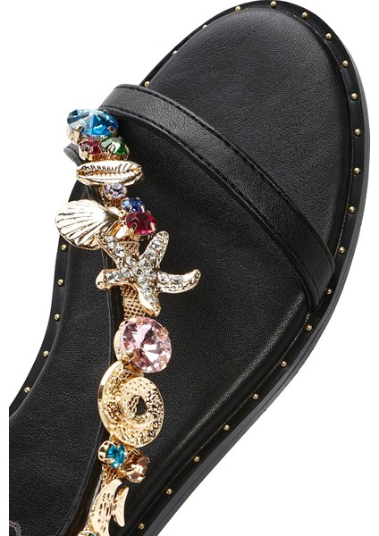 Kadın Siyah Bilekten Tokalı Taşlı Sandalet 25SFD441714