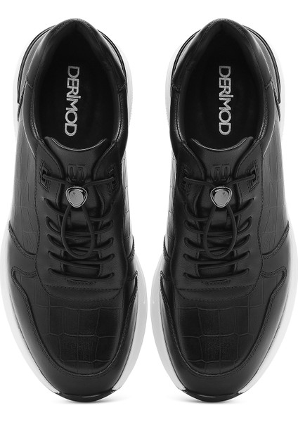 Erkek Siyah Kroko Desenli Bağcıklı Deri Sneaker 25SFD692318