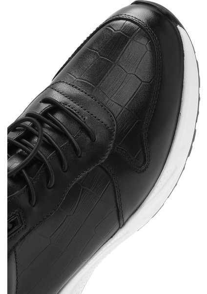Erkek Siyah Kroko Desenli Bağcıklı Deri Sneaker 25SFD692318