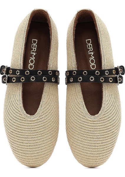 Kadın Bej Çift Tokalı Hasır Deri Babet 25SFD1820M7