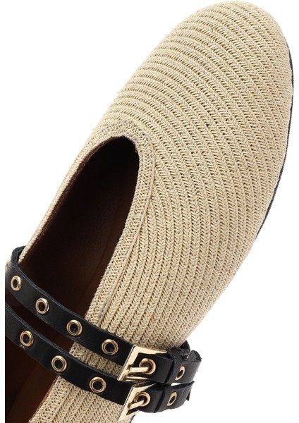 Kadın Bej Çift Tokalı Hasır Deri Babet 25SFD1820M7