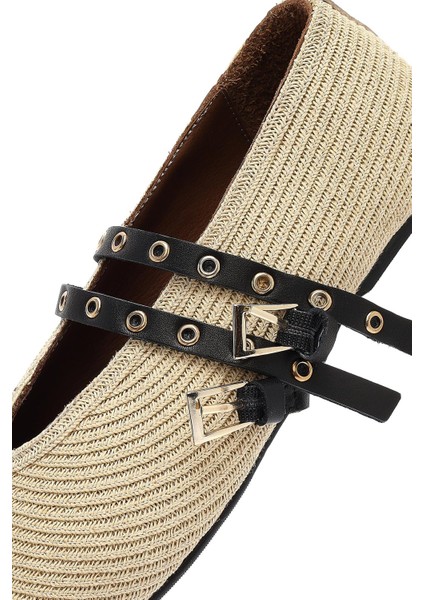 Kadın Bej Çift Tokalı Hasır Deri Babet 25SFD1820M7