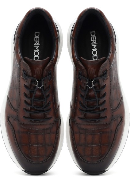 Erkek Kahverengi Kroko Desenli Bağcıklı Deri Sneaker 25SFD692318