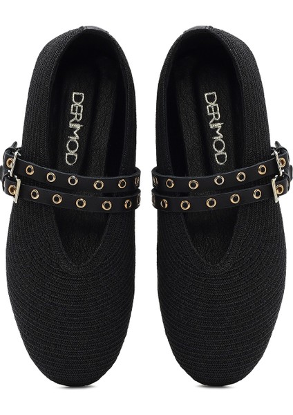 Kadın Siyah Çift Tokalı Hasır Deri Babet 25SFD1820M7