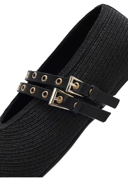 Kadın Siyah Çift Tokalı Hasır Deri Babet 25SFD1820M7