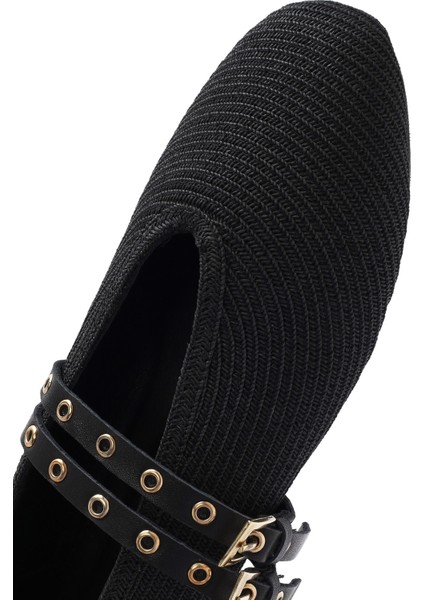 Kadın Siyah Çift Tokalı Hasır Deri Babet 25SFD1820M7