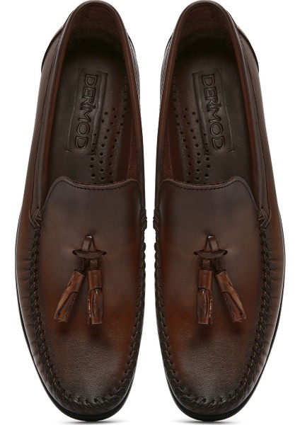 Erkek Kahverengi Püsküllü Deri Casual Loafer 25SFD754218