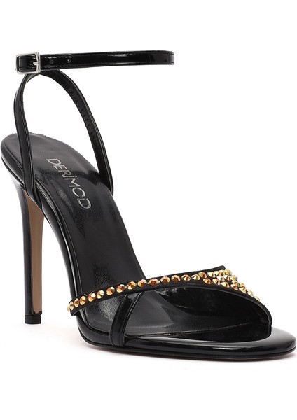 Kadın Siyah Bilekten Tokalı Taşlı Yüksek Ince Topuklu Sandalet 25SFE390914