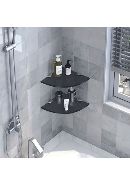 Şık Siyah Cam Köşe Duvar Rafı Seti, 2'li Paket, Estetik ve Kullanışlı Dekorasyon. fiyatları