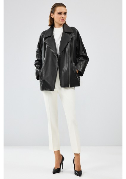 Adriana Kadın Siyah Kruveze Yaka Deri Ceket 24WGD5257U4