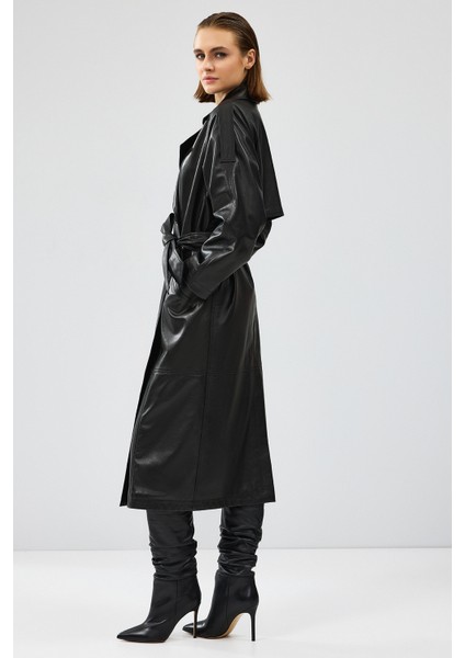 Nicole Kadın Siyah Kruvaze Yaka Uzun Deri Trençkot 24WGD5258U4