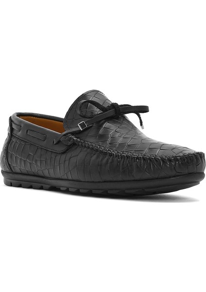 Erkek Siyah Kroko Desenli Deri Casual Loafer 25SFD7544E3