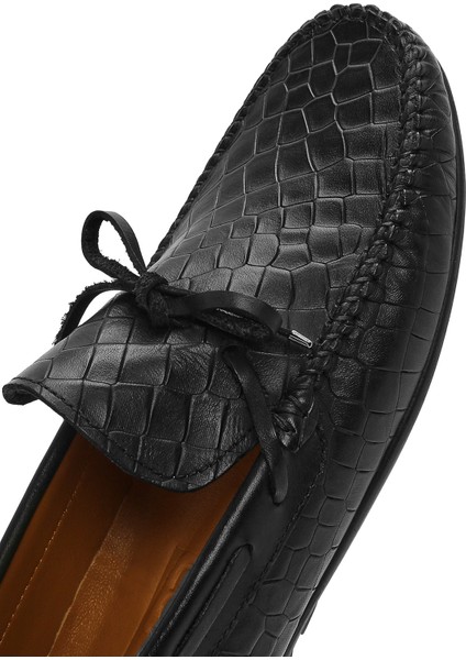 Erkek Siyah Kroko Desenli Deri Casual Loafer 25SFD7544E3