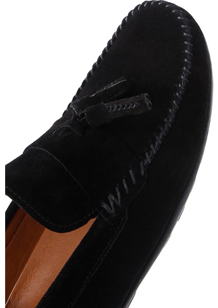Erkek Siyah Püsküllü Süet Deri Casual Loafer 25SFD754610