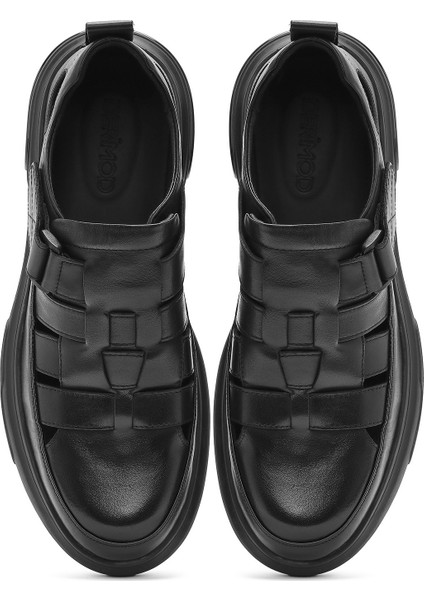 Erkek Siyah Deri Casual Sandalet 25SFD696718