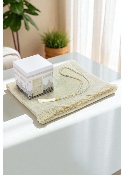 Kabe Desenli Özel Kutulu Iğne Oyalı Dantelli Eşarp Tesbih Mevlüt Seti Beyaz