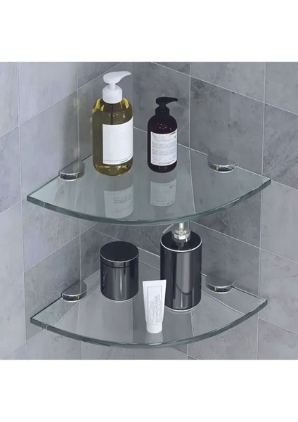 Şeffaf Cam Köşe Duvar Rafı Çift Set, Şık ve Fonksiyonel Tasarım