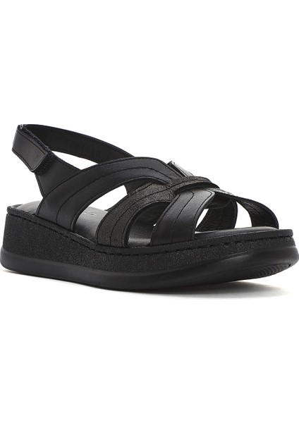Kadın Siyah Kalın Tabanlı Deri Comfort Sandalet 25SFD321314