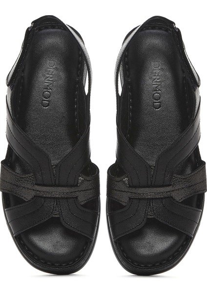 Kadın Siyah Kalın Tabanlı Deri Comfort Sandalet 25SFD321314