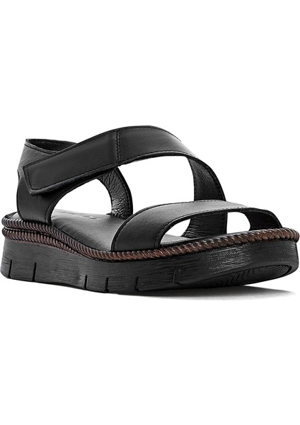 Kadın Siyah Bantlı Deri Comfort Sandalet 25SFD321218