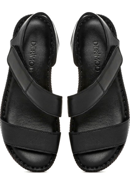 Kadın Siyah Bantlı Deri Comfort Sandalet 25SFD321218