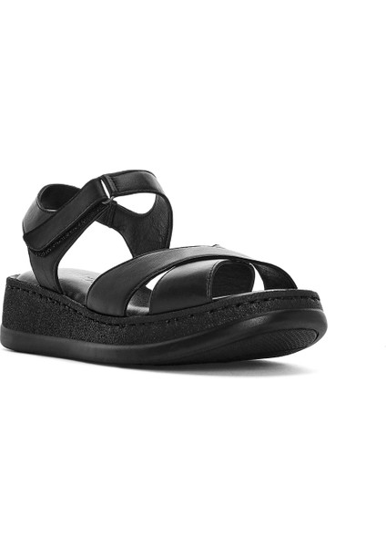Kadın Siyah Kalın Tabanlı Deri Comfort Sandalet 25SFD321618