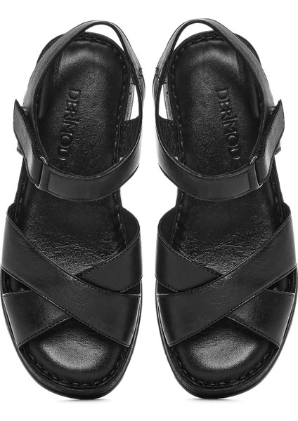 Kadın Siyah Kalın Tabanlı Deri Comfort Sandalet 25SFD321618
