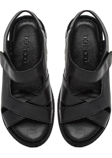 Kadın Siyah Bantlı Deri Comfort Sandalet 25SFD321918