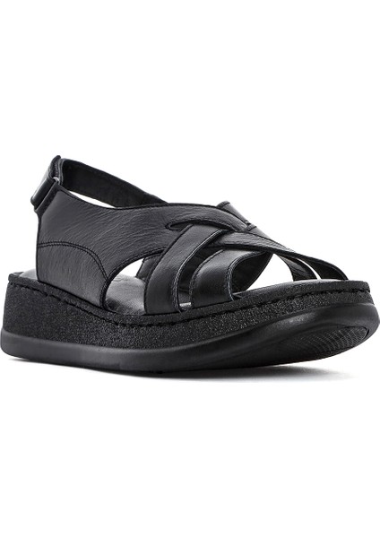Kadın Siyah Kalın Tabanlı Deri Comfort Sandalet 25SFD321518