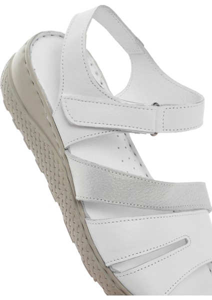 Kadın Beyaz Bantlı Deri Comfort Sandalet 25SFD321814