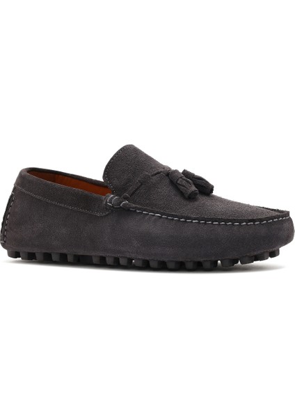 Erkek Gri Püsküllü Süet Deri Loafer 25SFD631510