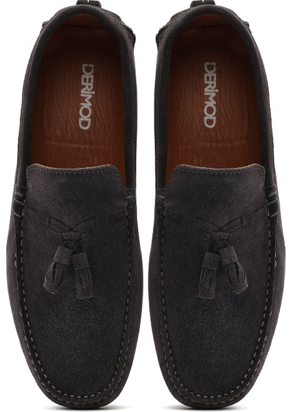 Erkek Gri Püsküllü Süet Deri Loafer 25SFD631510
