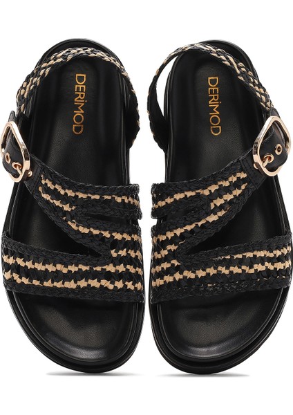 Kadın Altın Bantlı Hasır Deri Sandalet 25SFD5507M7