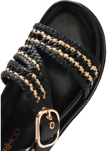 Kadın Altın Bantlı Hasır Deri Sandalet 25SFD5507M7