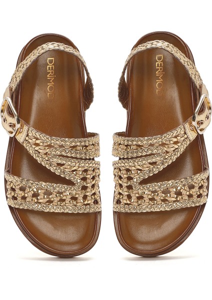 Kadın Altın Bantlı Hasır Deri Sandalet 25SFD5507M7