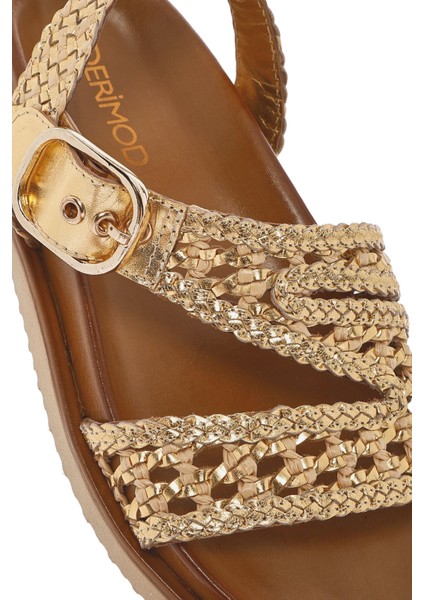 Kadın Altın Bantlı Hasır Deri Sandalet 25SFD5507M7