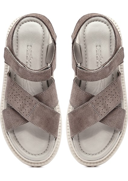 Kadın Vizon Çift Bantlı Süet Deri Sandalet 25SFD300810