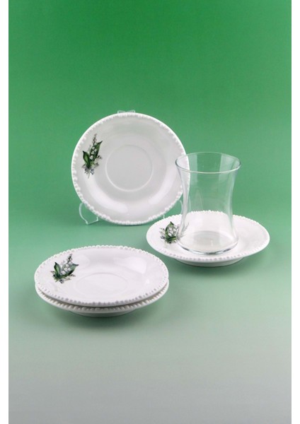 Inci Serisi Yeşil Çiçek 4 Adet Porselen Çay Tabağı