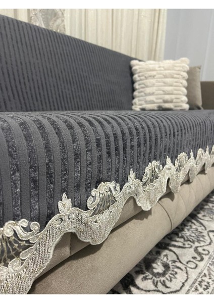 Dantelli Çizgili Kadife Kaymaz Çekyat Koltuk Örtüsü 170X210, Şık ve Konforlu Kullanım