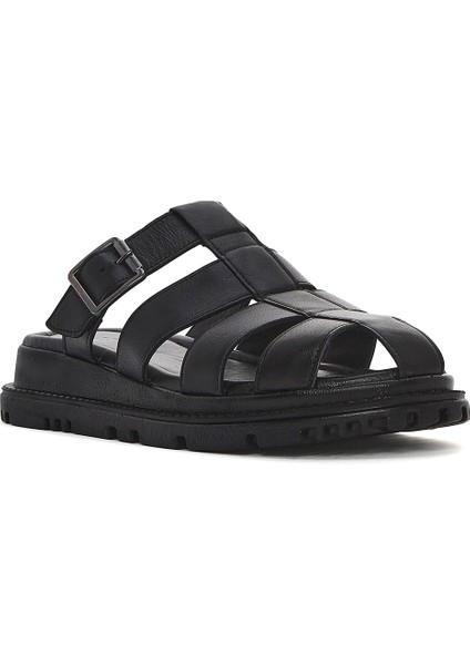 Kadın Siyah Kalın Tabanlı Deri Terlik 25SFD300618