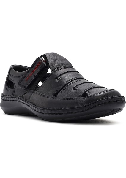 Erkek Siyah Deri Casual Sandalet 25SFD710218