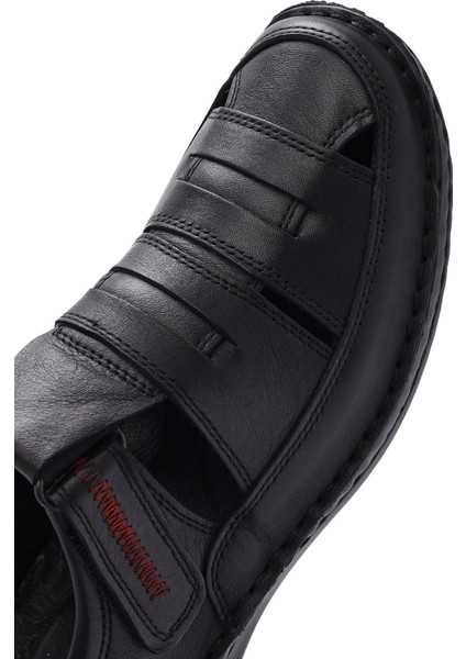 Erkek Siyah Deri Casual Sandalet 25SFD710218