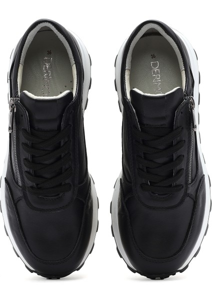 Kadın Siyah Bağcıklı Yandan Fermuarlı Deri Sneaker 25SFD372118